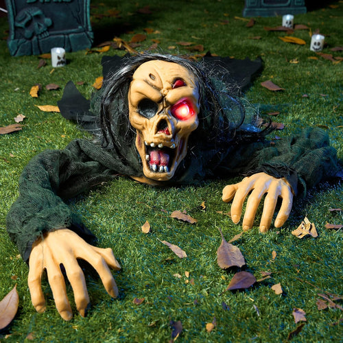 Halloween Outdoor Decoration Zombie Groundbreaker, Outside Halloween Graveyard Decor, Zombie Prop with Creepy Sound and Glowing Eyes, Scary Groundbreaker Decorations for Lawn Yard Haunted House