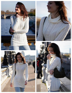 Women Polo Neck Long Slim Fitted Dress Bodycon Turtleneck Cable Knit Sweater