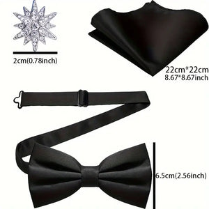 Elegant 3pcs Men's Satin Formal Set - Includes Pre-Tied Bow Tie, Pocket Square & Lucky Brooch - in Two Colors