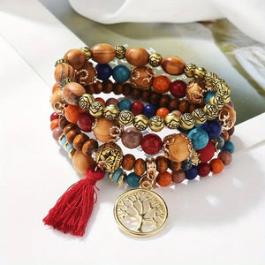 Bohemian Boho Tassel Multilayer Bracelet Hand Jewelry Handmade Turquoise Stone With Tree Of Life Pendant - 2 Colors