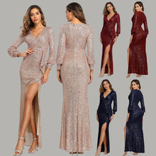Load image into Gallery viewer, Fantasy Celebrity Sexy High Slit Long Sleeve Sequined Banquet Evening Dress Women - 3 Colors
