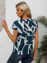 Load image into Gallery viewer, Graphic Print Notched Neck Blouse, Elegant Cap Sleeve Blouse For Women- Size: M