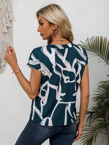 Graphic Print Notched Neck Blouse, Elegant Cap Sleeve Blouse For Women- Size: M