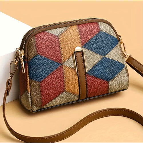 Vintage Geometric Contrast Color Patchwork Mini Crossbody Bag, Perfect Casual Shoulder Bag For Daily Use