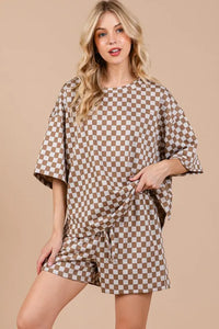 Ces Femme Checkered Round Neck Top and Shorts Set