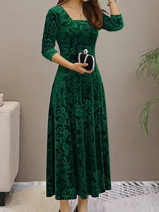 Vibrant Floral Velvet Aline Dress - Elegant Long Sleeve, Square Neck, Swing Design, Soft and Comfortable- M