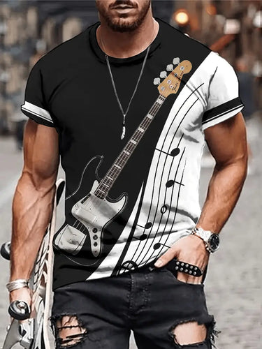 3D Guitar Graphic Men's T-shirt - Fashionable Color Block Design, Short Sleeve Crew Neck - Perfect for Summer Outdoors, Breathable Comfort - L