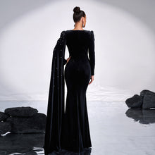 Load image into Gallery viewer, Velvet Round Neck Long Sleeve Rhinestone Evening Dress