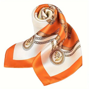 Vibrant Orange Floral Chain Print Silk Square Scarf - Soft, Breathable, Sunscreen, Versatile Accessory for Teens