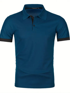 Mens Fashionable Lapel Short Sleeve Golf T-Shirt - Breathable Polyester Fabric, Button Detail, Regular Fit, XL