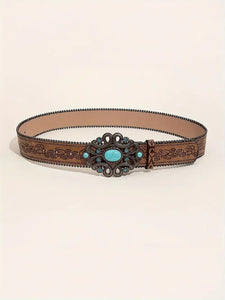 Boho Chic Flower Buckle Belt – Vintage Faux-Leather Waistband for Festive to Casual Outfits for Women