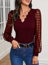 Load image into Gallery viewer, Scallop Trim V Neck Blouse, Casual Long Illusion Sleeve Blouse, Women&#39;s Clothing -Size: L