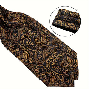 Set of Mens Silk Ascot Cravat with Paisley Floral Handkerchief and Cufflinks