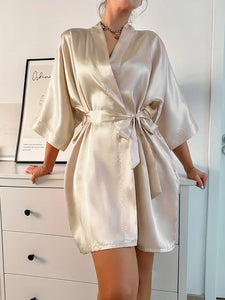 Three Quarter Sleeve Elegant Solid Satin Night Robes - Soft, Comfy, Belted Loungewear for Women - M