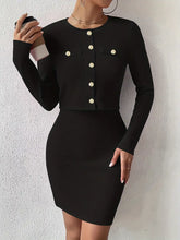 Load image into Gallery viewer, Chic Two-Piece Vintage Slim Dress Set - Long Sleeve Button Front Jacket, Body-Con Spaghetti Strap Dress - M