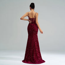 Load image into Gallery viewer, Spaghetti Straps Sleeveless Sequined High Slit Evening Dress