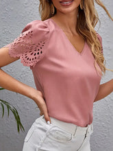 Load image into Gallery viewer, Scallop Trim Eyelet V Neck T-Shirt, Casual Short Sleeve T-Shirt For Women -Size: S