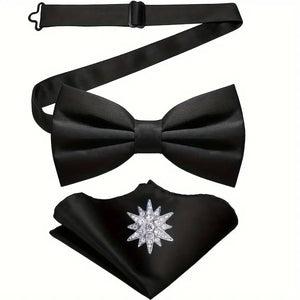 Elegant 3pcs Men's Satin Formal Set - Includes Pre-Tied Bow Tie, Pocket Square & Lucky Brooch - in Two Colors