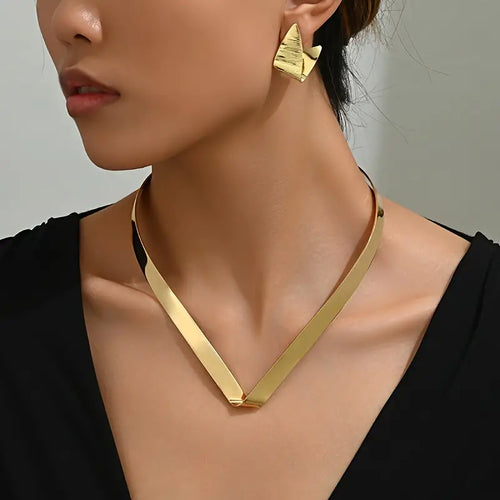 Luxurious 3pcs Geometric Jewelry Set for Women - Glossy Alloy Earrings & Collar, Perfect for Events or Parties