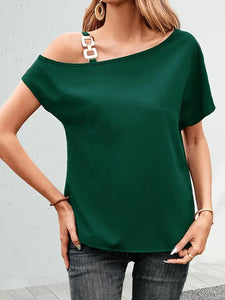 Chain Strap Asymmetrical Blouse, Elegant Short Sleeve Slant Shoulder Top- In 2 Sizes