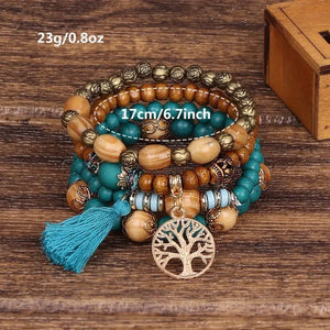 Bohemian Boho Tassel Multilayer Bracelet Hand Jewelry Handmade Turquoise Stone With Tree Of Life Pendant - 2 Colors