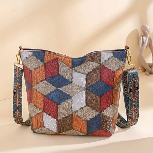 Geometric Pattern Crossbody Bag For Women, Colorful Ethnic Style Painted Shoulder Bag, Vintage PU Bucket Bag