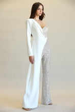 Load image into Gallery viewer, Evolet - Striped Sequin + Solid Stretch Woven Fabric Combo Jumpsuit