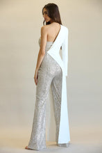 Load image into Gallery viewer, Evolet - Striped Sequin + Solid Stretch Woven Fabric Combo Jumpsuit