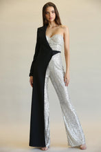 Load image into Gallery viewer, Evolet - Striped Sequin + Solid Stretch Woven Fabric Combo Jumpsuit