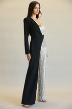 Load image into Gallery viewer, Evolet - Striped Sequin + Solid Stretch Woven Fabric Combo Jumpsuit