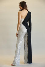 Load image into Gallery viewer, Evolet - Striped Sequin + Solid Stretch Woven Fabric Combo Jumpsuit