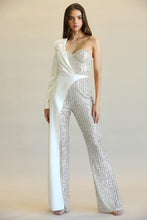 Load image into Gallery viewer, Evolet - Striped Sequin + Solid Stretch Woven Fabric Combo Jumpsuit