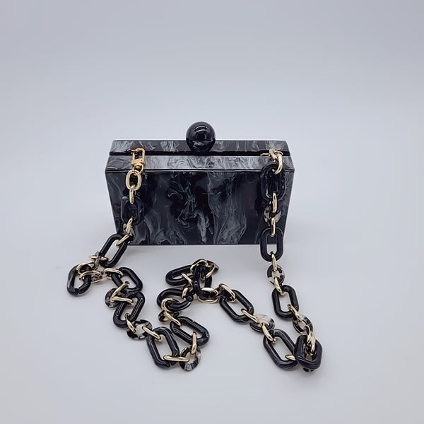 Black Marble Style Acrylic Box Chain Clutch Bag for Ladies