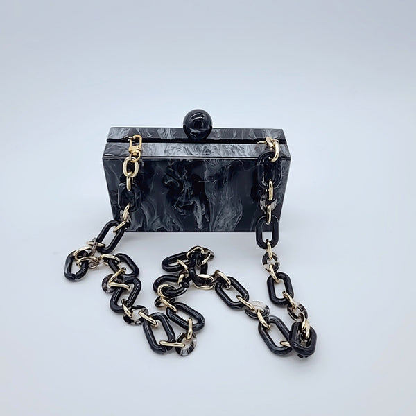 Black Marble Style Acrylic Box Chain Clutch Purse for Ladies