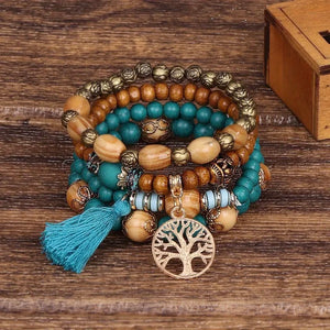 Bohemian Boho Tassel Multilayer Bracelet Hand Jewelry Handmade Turquoise Stone With Tree Of Life Pendant - 2 Colors