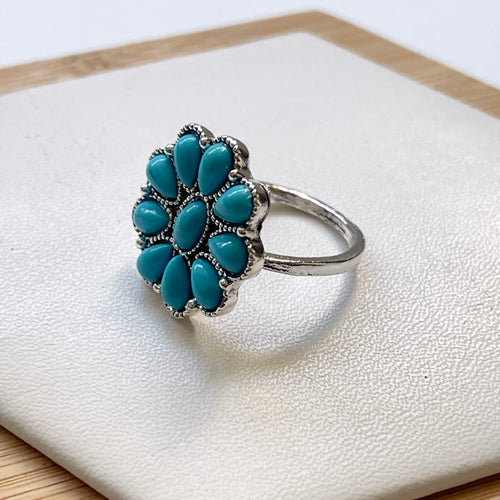 15-19 MM Bohemian Vintage Turquoise Ring Set, Ethnic Antique Silvery Alloy, Floral Teardrop Stone Rings, Casual Style Combination for Women