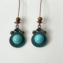 Load image into Gallery viewer, Bronze Earrings Retro Style Geometric Pendant with Turquoise Embellishment and U-shaped Ear Hook