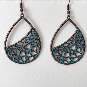 Bronze Earrings Retro Style Geometric Pendant with Turquoise Embellishment and U-shaped Ear Hook