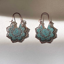 Load image into Gallery viewer, Bronze Earrings Retro Style Geometric Pendant with Turquoise Embellishment and U-shaped Ear Hook