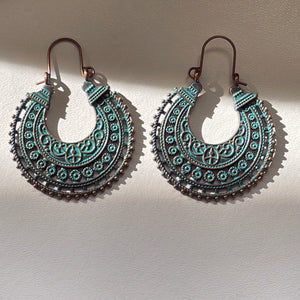 Bronze Earrings Retro Style Geometric Pendant with Turquoise Embellishment and U-shaped Ear Hook