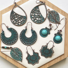 Load image into Gallery viewer, Bronze Earrings Retro Style Geometric Pendant with Turquoise Embellishment and U-shaped Ear Hook