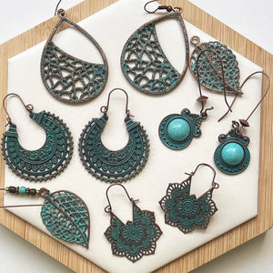 Bronze Earrings Retro Style Geometric Pendant with Turquoise Embellishment and U-shaped Ear Hook