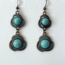 Load image into Gallery viewer, Bronze Earrings Retro Style Geometric Pendant with Turquoise Embellishment and U-shaped Ear Hook