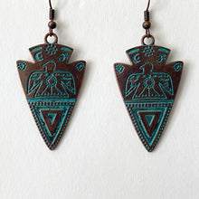 Load image into Gallery viewer, Bronze Earrings Retro Style Geometric Pendant with Turquoise Embellishment and U-shaped Ear Hook