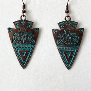 Bronze Earrings Retro Style Geometric Pendant with Turquoise Embellishment and U-shaped Ear Hook