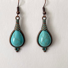 Load image into Gallery viewer, Bronze Earrings Retro Style Geometric Pendant with Turquoise Embellishment and U-shaped Ear Hook