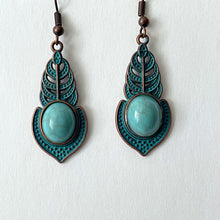 Load image into Gallery viewer, Bronze Earrings Retro Style Geometric Pendant with Turquoise Embellishment and U-shaped Ear Hook