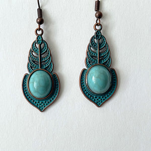 Bronze Earrings Retro Style Geometric Pendant with Turquoise Embellishment and U-shaped Ear Hook