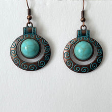 Load image into Gallery viewer, Bronze Earrings Retro Style Geometric Pendant with Turquoise Embellishment and U-shaped Ear Hook