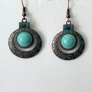 Bronze Earrings Retro Style Geometric Pendant with Turquoise Embellishment and U-shaped Ear Hook